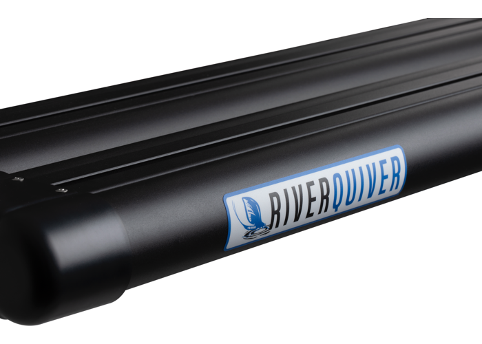 Close up of the river quiver logo on the side of the black metal of the 4-banger river quiver’s rod casing. The logo says “river” in black text and “quiver” in blue text with a matching blue image of fishing bait hitting the water. The background is white. 