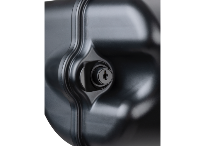Close up of the black lock on the shiny black plastic reel box of a river quiver fly rod holder. 